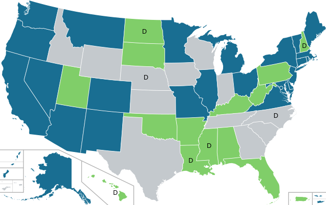 Map of U.S. state cannabis laws: Dark blue states allow both recreational and medical cannabis use; green states allow medical use only; gray states have illegal or heavily restricted cannabis laws; light blue states have decriminalized cannabis.