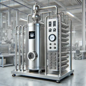 A modern cannabis oil extraction machine in an industrial setting. The machine is large stainless steel featuring complex tubing and gauges.