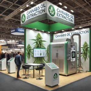 A trade show booth for a cannabis oil extraction machinery company, featuring a modern and sleek design. The booth includes a large display of a cannabis plant.